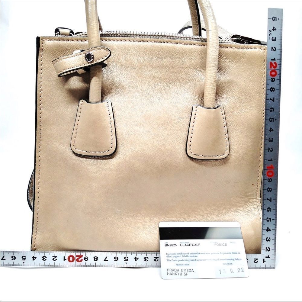 Auth PRADA Glacé Tan Calf Twin Pocket City 2way Tote Bag Satchel w/Strap - Picture 2 of 9